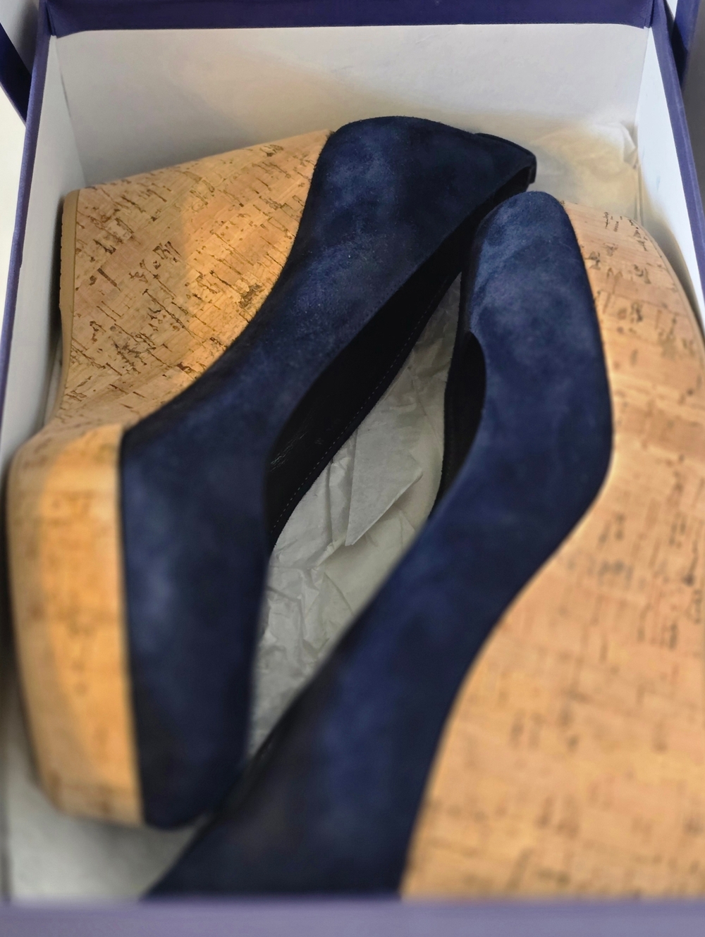 *NEW Stuart Weitzman Navy Suede Cork Wedge Pumps 8 1/2 - Picture 14 of 15